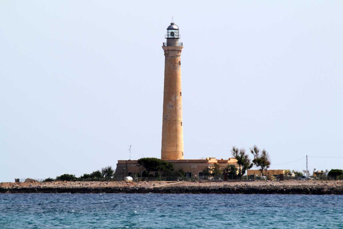 Vista panoramica al tramonto del Faro di San Vito Lo Capo, con la sagoma del faro in controluce, mare calmo e alcune coppie che passeggiano. In lontananza la spiaggia e il paese.