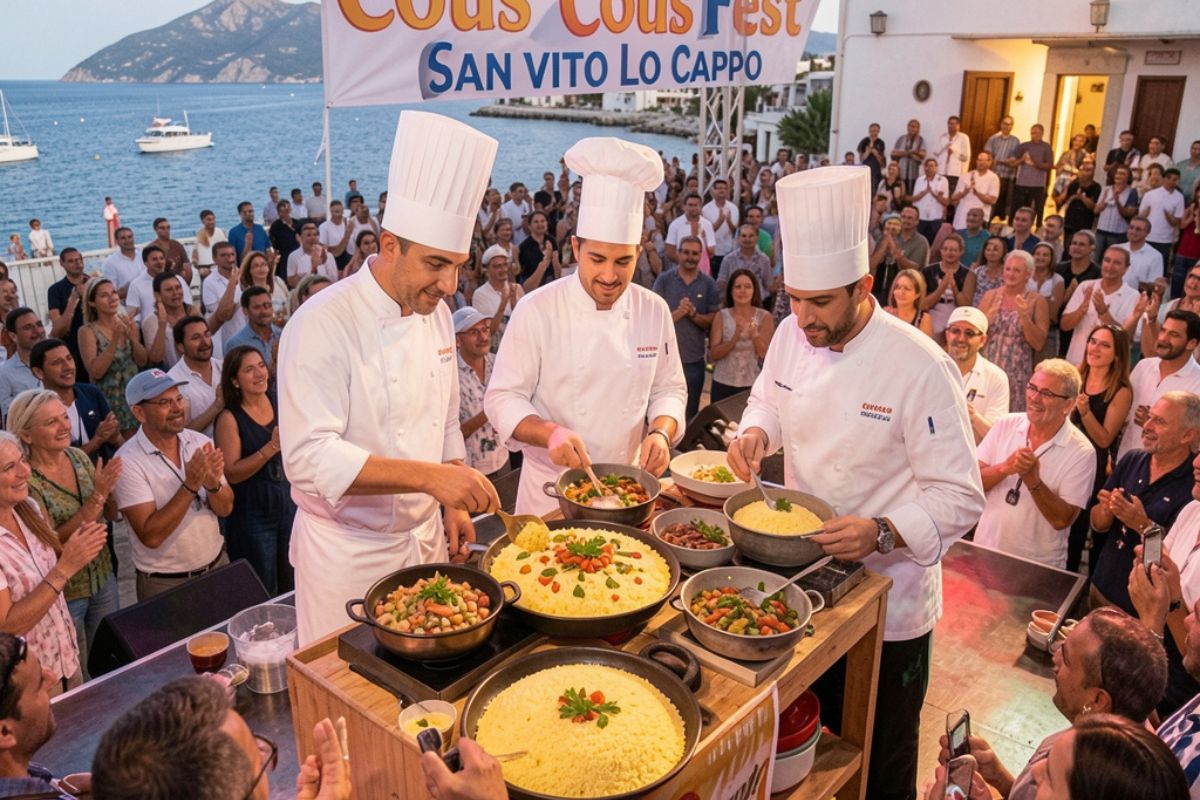 Chef internazionali che preparano cous cous sul palco del Cous Cous Fest a San Vito Lo Capo, pubblico coinvolto, atmosfera di festa
