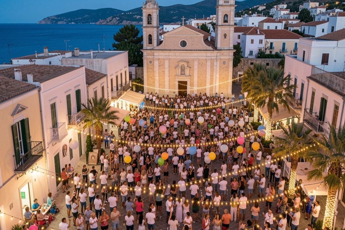 Veduta panoramica di San Vito Lo Capo durante una festa, con la folla in piazza, luminarie, chiesa madre sullo sfondo, atmosfera festosa