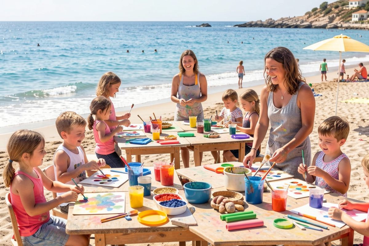Bambini di diverse età che partecipano a un laboratorio creativo in spiaggia a San Vito Lo Capo, tavolini con colori e materiali, animatori sorridenti, mare sullo sfondo